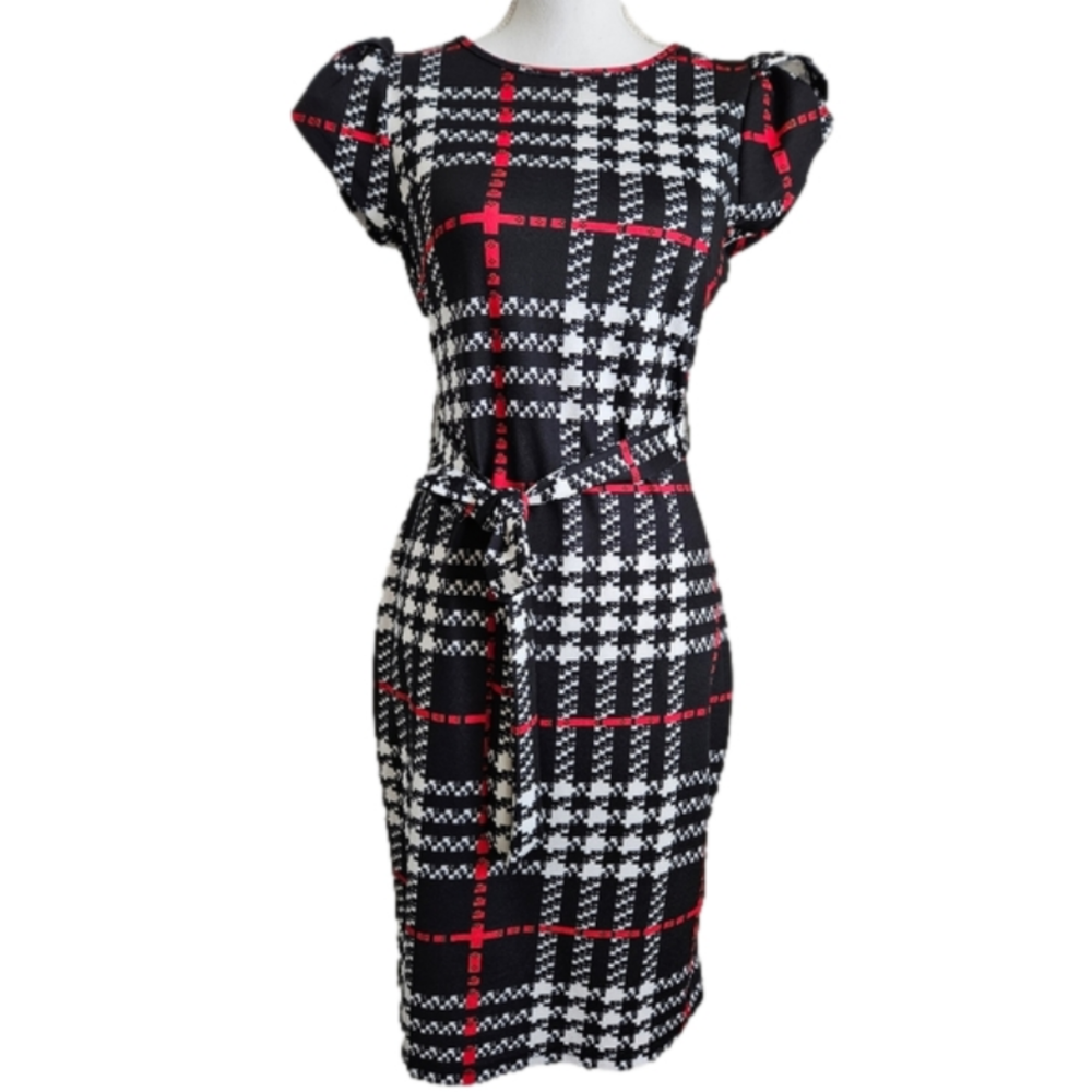 PLAID SHEATH DRESS SZ 6 BLACK, WHITE, RED - Picture 4 of 8